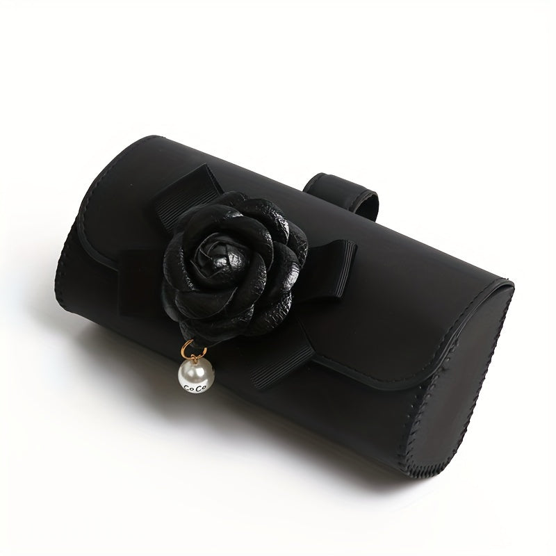Stylish Camellia Flower Design PU Leather Car Visor Sunglasses Holder - Universal Eyeglass Clip with Bow and Pendant - Convenient Glasses Storage Box for Automotive Sun Visor Accessories