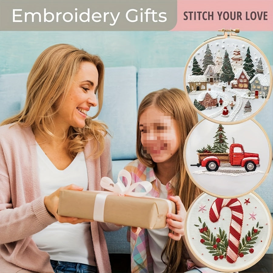 1pc Christmas Hand Embroidery Kit for Beginners, DIY Crafting Material Pack, Mixed Colors, Fabric, Seasonal All Year Round, Artwork, Sewing Supplies, Embroidery Supplies, Embroidery Hoop Kit