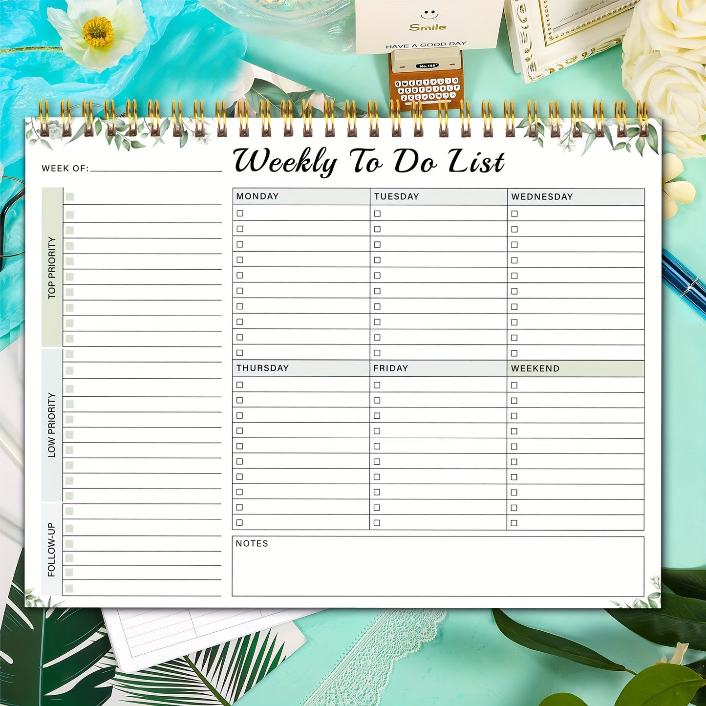 Weekly Planner Pad - Undated 52 Page Spiral or Glue Bound To-Do List, 8.5" x 11" Desk Task Planner for Work & Personal Organization