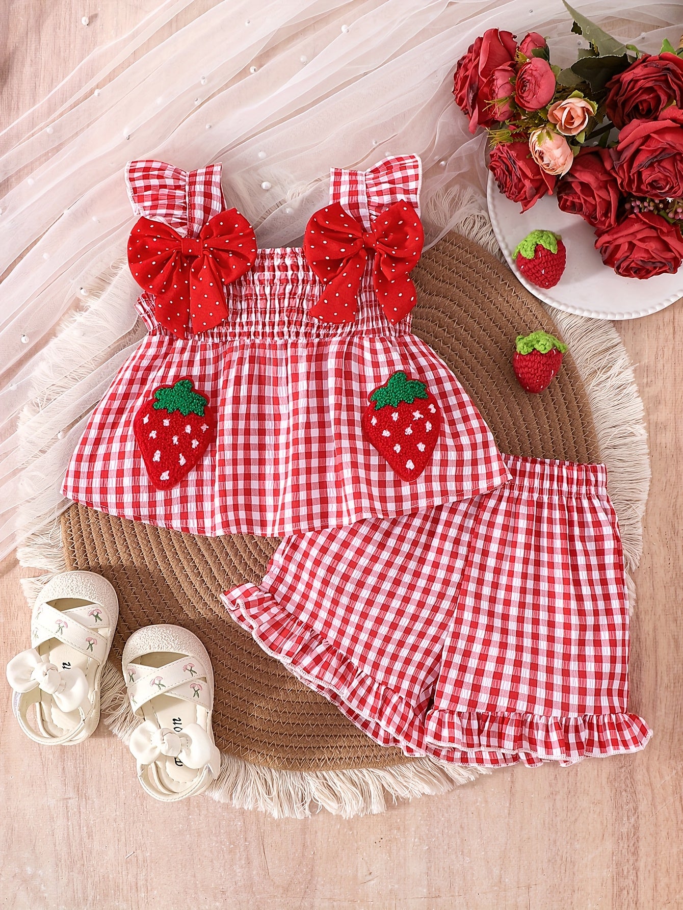 [Cute Summer Set] 2pcs Cute Summer Strawberry Top and Shorts Set | Ruffle Collar, Elastic Waist, Gingham Details, Playful Bow Accents - Outdoor Toddler Outfit