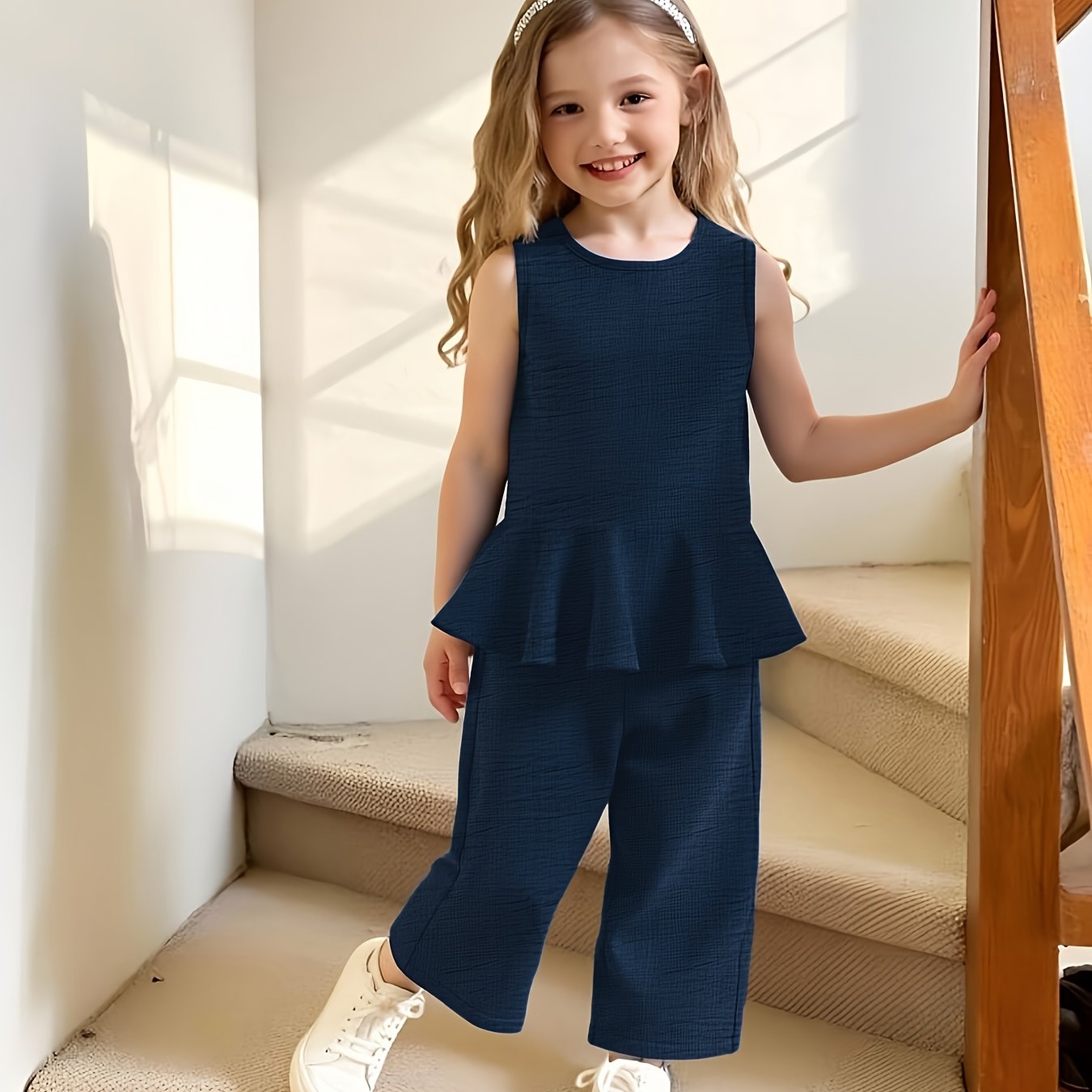 2pcs Young Girl Beach Vacation Set: Sleeveless Ruffle Hem Shirt + Wide Leg Pants, Sister Outfit, Perfect for Outdoor