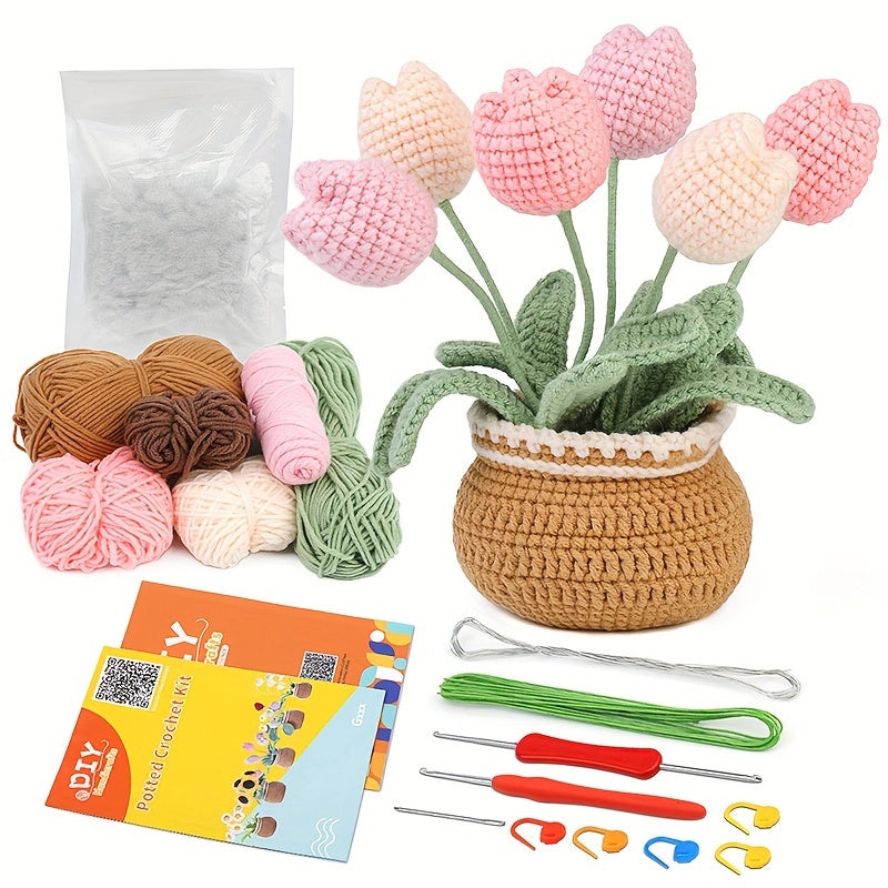 Tulip Crochet Kit Including 6 Colors of Yarn,2 X Crochet Hook,5 X Stitch Markers,1X Instructions,1 X Blunt Head Large Eye Needle,1 X Filled,7 X Iron Wires,1Xbundle of Fine Silver Wire, DIY Knitting Crochet