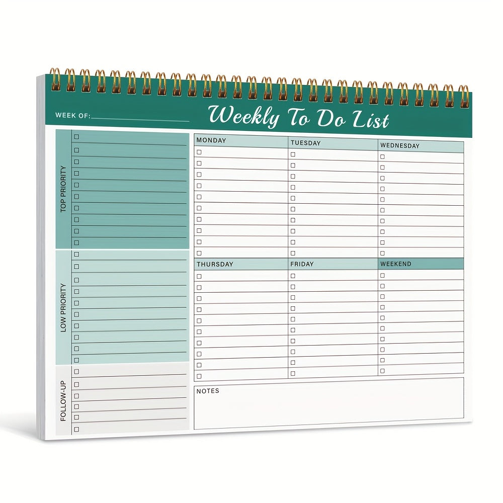 Weekly Planner Pad - Undated 52 Page Spiral or Glue Bound To-Do List, 8.5" x 11" Desk Task Planner for Work & Personal Organization