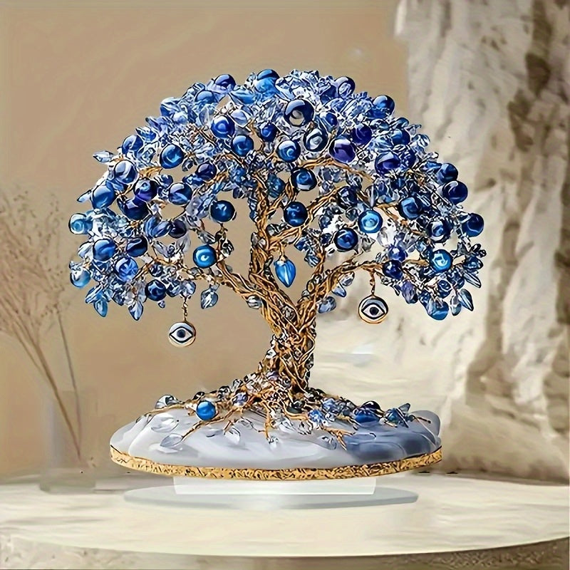 2D Flat, Elegant Turkish Evil Eye Tree Acrylic Desktop Decoration - Blue and Clear Beads, Golden Leaves, Eye Charm Design, No Electricity Required, Suitable for Home, Party, Window Display & Gift Giving, 2D Flat