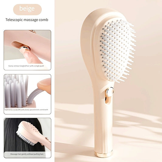 Telescopic Massage Comb for Hair & Scalp - Portable Foldable Hairbrush with Rubber Bristles & ABS Handle - Travel-Friendly Scalp Massager for Men & Women - Soft Pink & White Design, Hair Massager