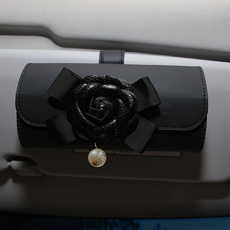 Stylish Camellia Flower Design PU Leather Car Visor Sunglasses Holder - Universal Eyeglass Clip with Bow and Pendant - Convenient Glasses Storage Box for Automotive Sun Visor Accessories
