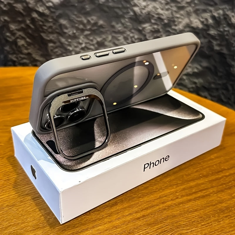 Simplified Magnetic Metal Frame Lens Protective Film/Bracket Three In One Phone Case Suitable for iPhone 16 16pro 16proMax 15 15Pro 15ProMax 14 14Pro 14ProMax 13 13Pro 13ProMax 12 12Pro 12ProMax 11 Acrylic Anti Drop Hard Shell Protective Case