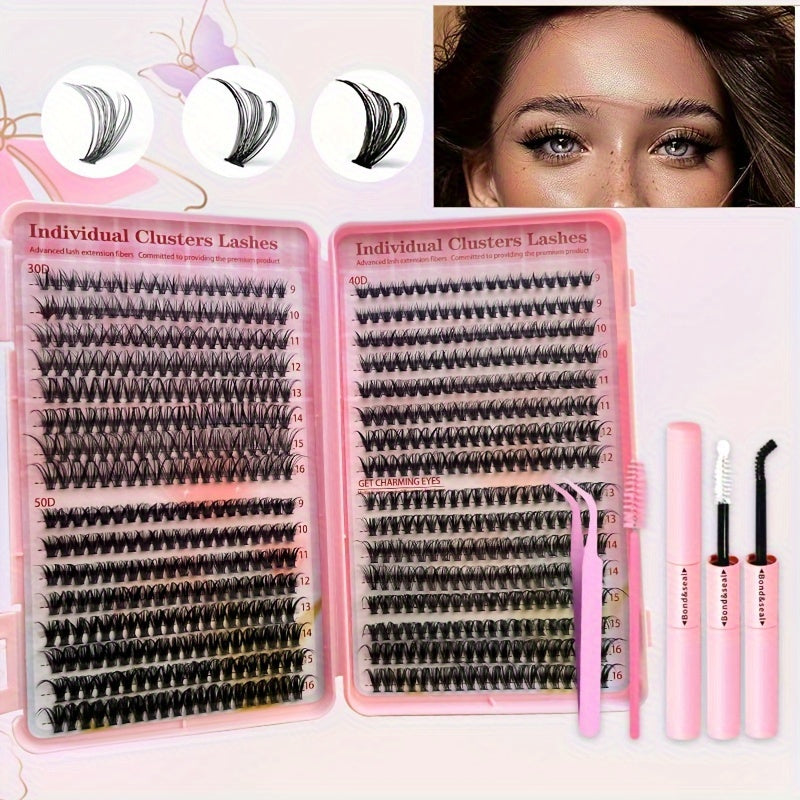 [DIY Lash Kit] 640/280pcs Extra Thick 30D40D50D DIY Lash Clusters Eyelash Extension Kit | 9-16mm Mixed Length Lashes, D Curl, Wispy Manga Lashes Look