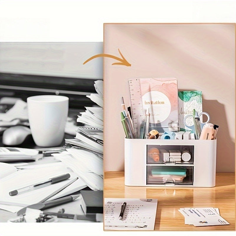 1pc Multi-Functional Plastic 5 Compartments Desk Organizer with 2 Drawers - Office Supply Caddy, Portable Desktop Storage for Stationery, Pens, Pencils, Art Supplies