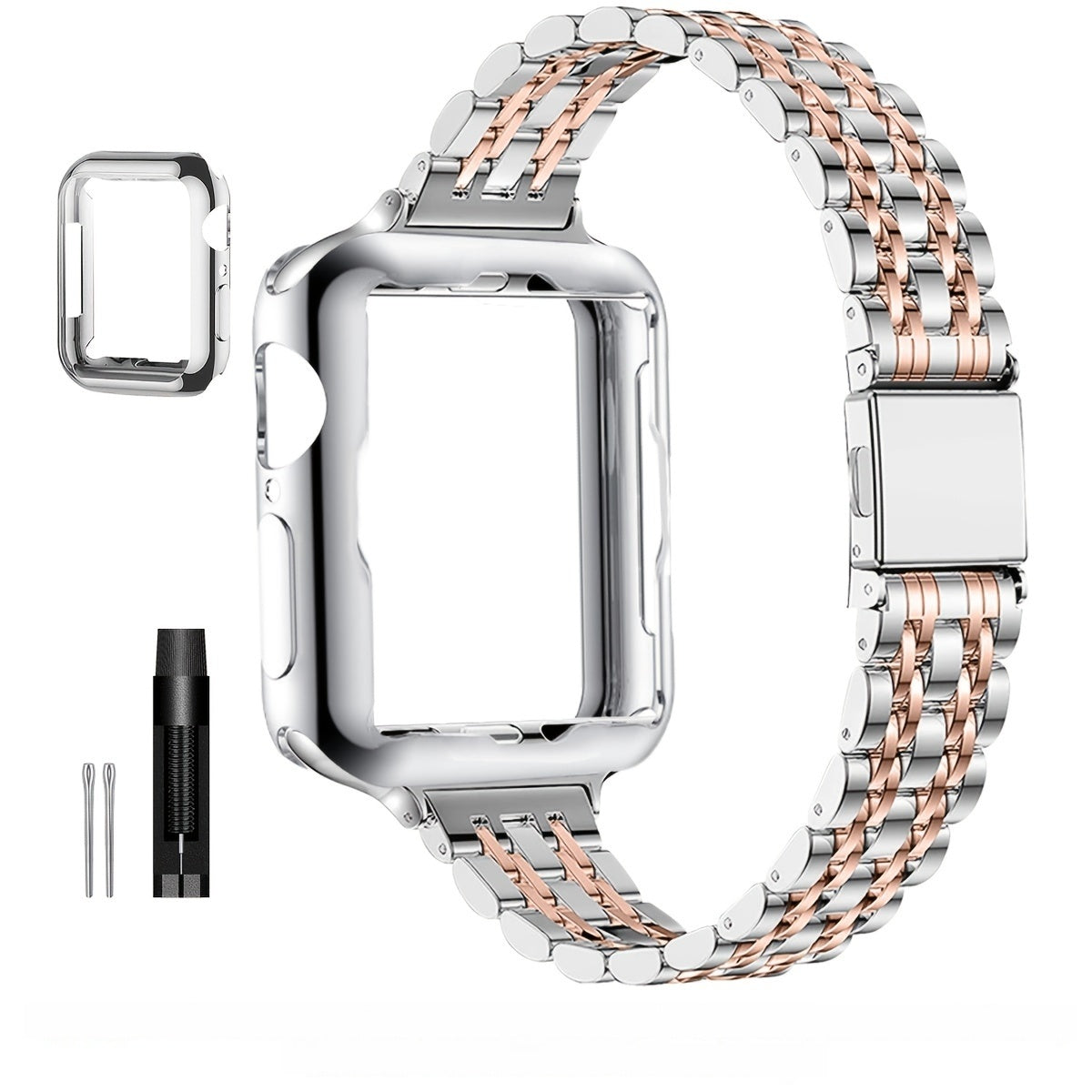 [Elegant Watch Band] Gold-Plated Stainless Steel 1pc Watch Band | Foldover Clasp and Protective Case for Apple Watch, Compatible with iWatch Series 1-9/SE/SE2, Elegant Women's Wristband Accessory