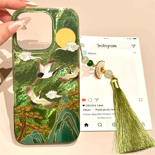 Vortex Pattern High Mountain Auspicious Cloud Crane Phone Case with Ancient Fan Tassel for iPhone 11 12 13 14 15 16 pro max