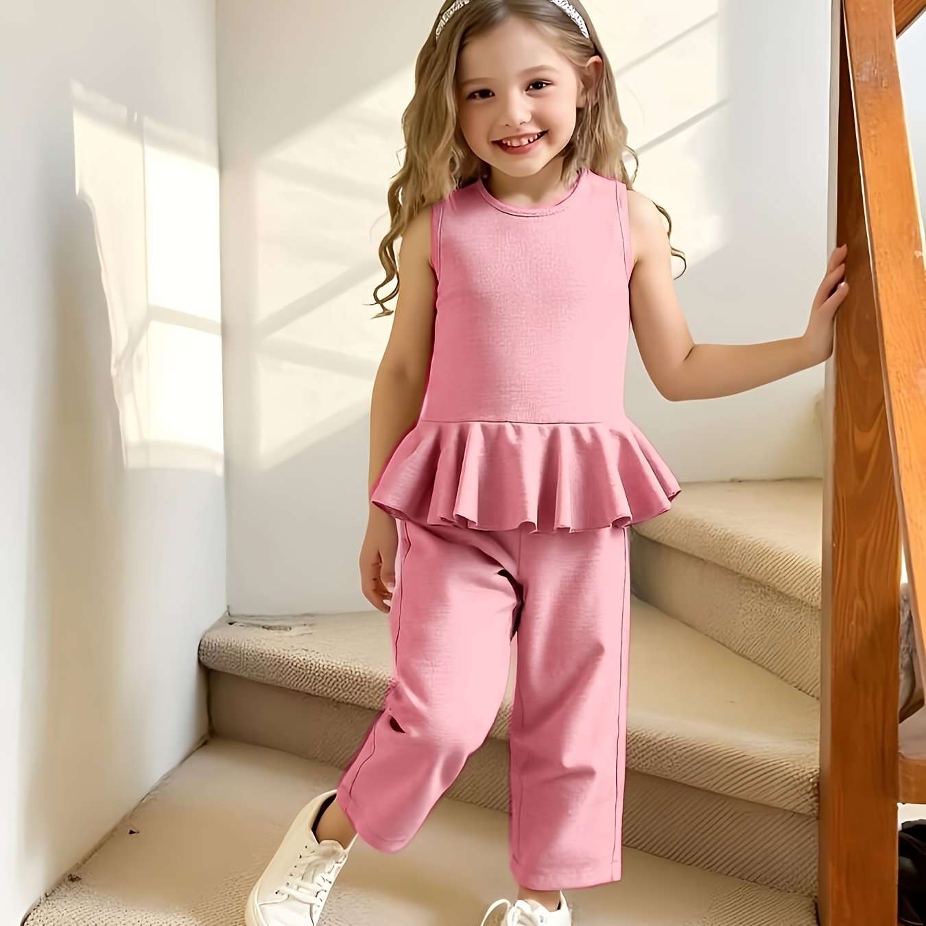 2pcs Young Girl Beach Vacation Set: Sleeveless Ruffle Hem Shirt + Wide Leg Pants, Sister Outfit, Perfect for Outdoor