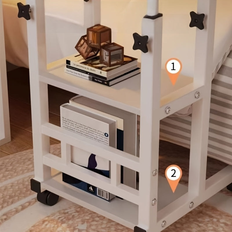 Under 3.2 Cubic Feet Closed Storage Adjustable Height Overbed Table, Wooden Mobile Desk with Storage Shelves, No Electricity Required, Weather-Independent, Less Than 27 Inches Tall, for Home, Bedroom, Dorm, Laptop Stand, Desk & Drawer Organizer