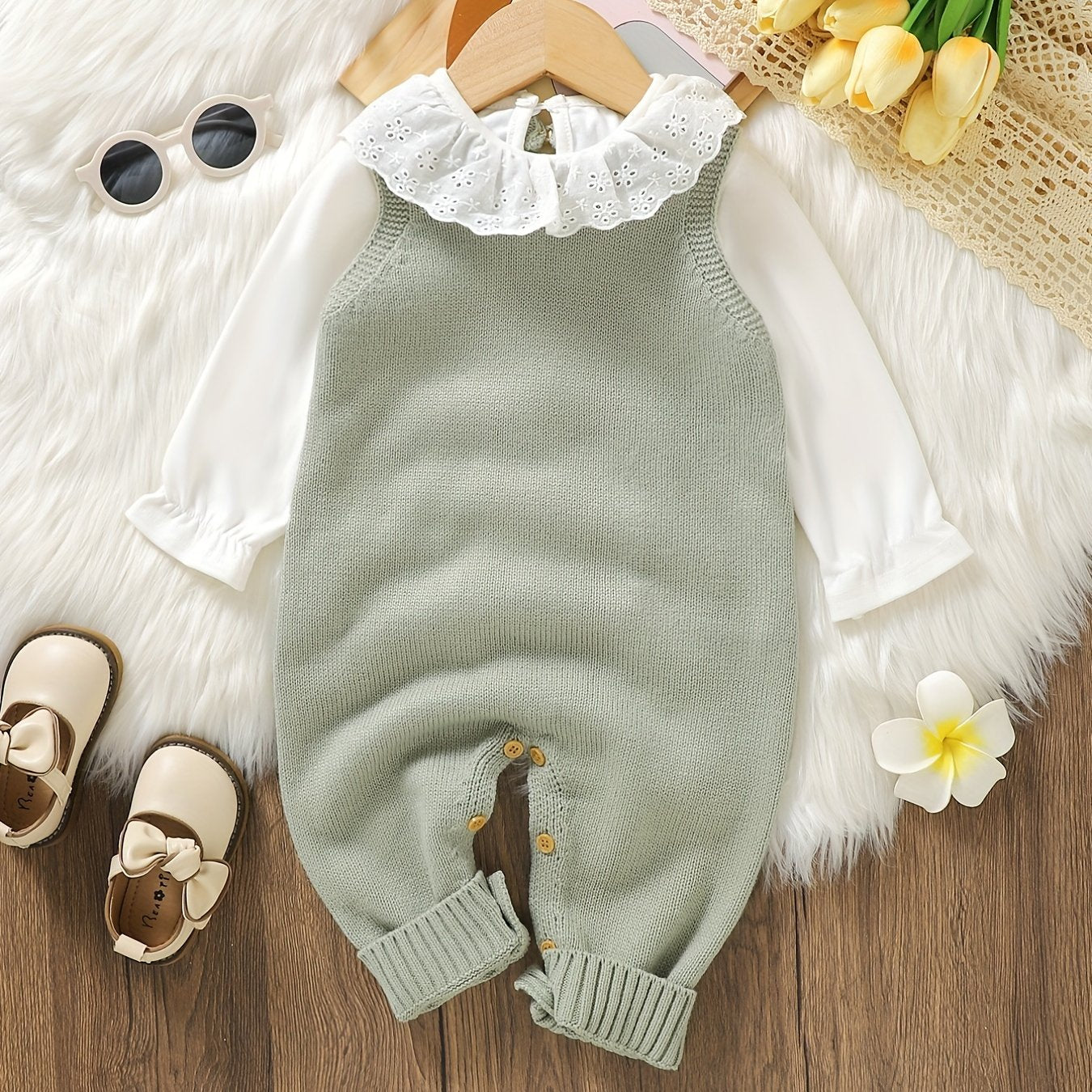 Unisex Bodysuit with Heart Jacquard Detail - Soft 100% Acrylic Square Neck Winter Outfit, Elastic Crotch & Snap Closure, Light Green Adorable Clothing for &, Perfect for Outdoor
