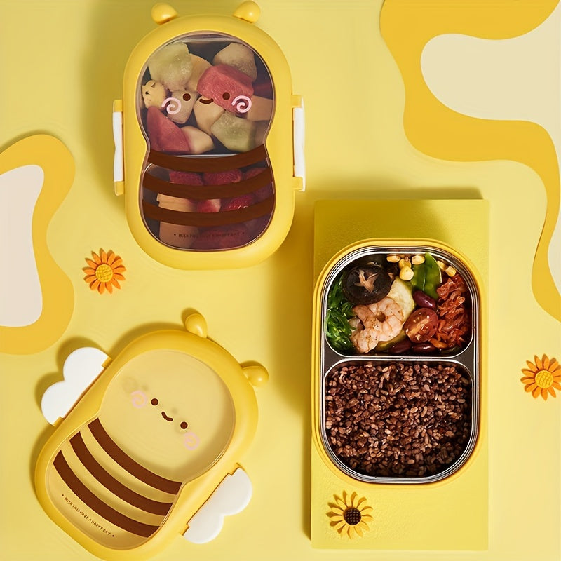 Leakproof Cartoon Bee Insulated Lunch Box - Stainless Steel Bento with Food-Grade Compartments, Thermal Meal Container for Students & Workers, Hand Washable