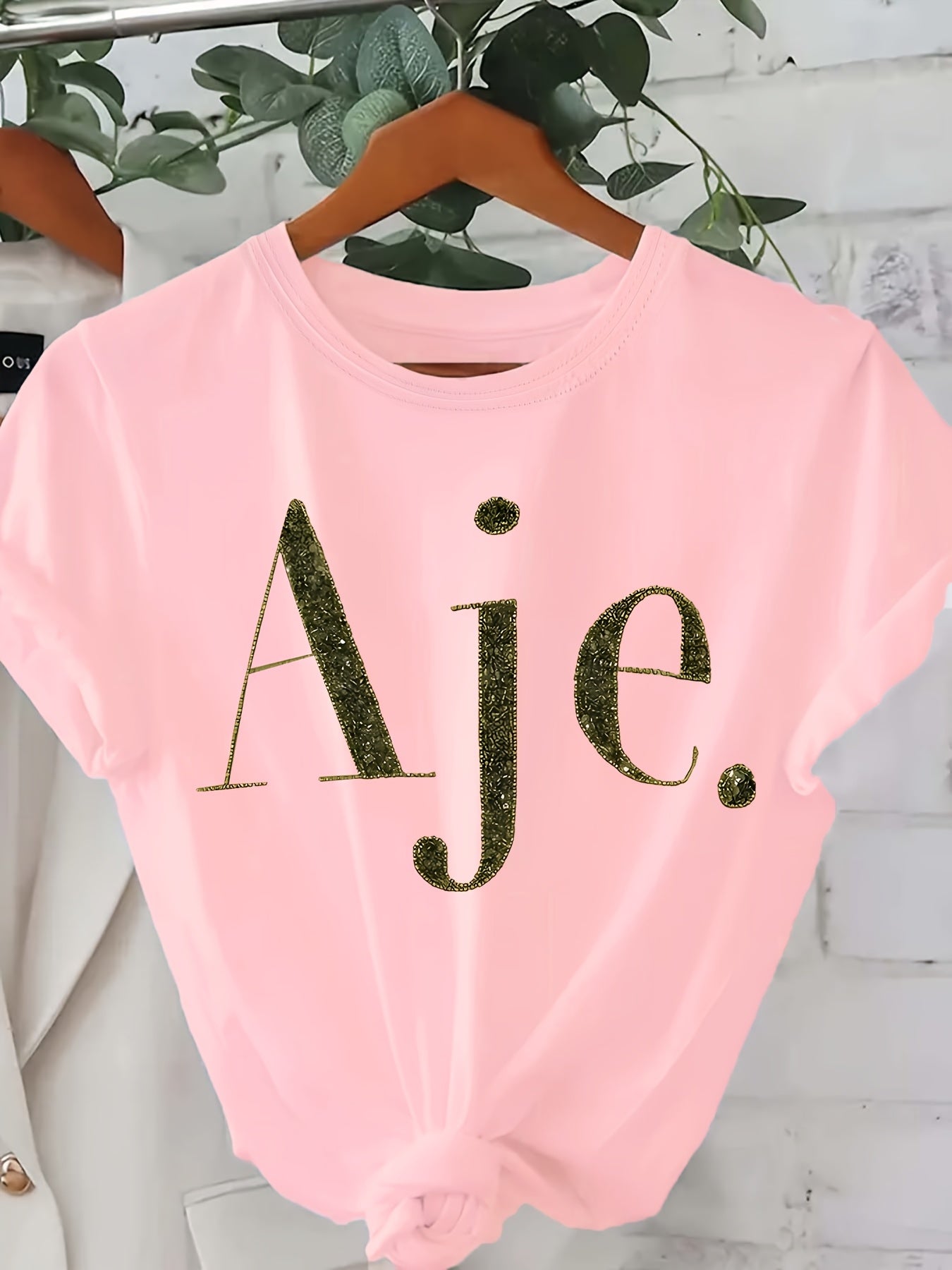 Women's Black Short Sleeve Crew Neck T-Shirt with Golden Glitter AJE Letter Print - Casual All-Season Machine Washable Top, Ladies T Shirts, Everyday Fashion, Trendy Graphic Tee, Comfortable Fit