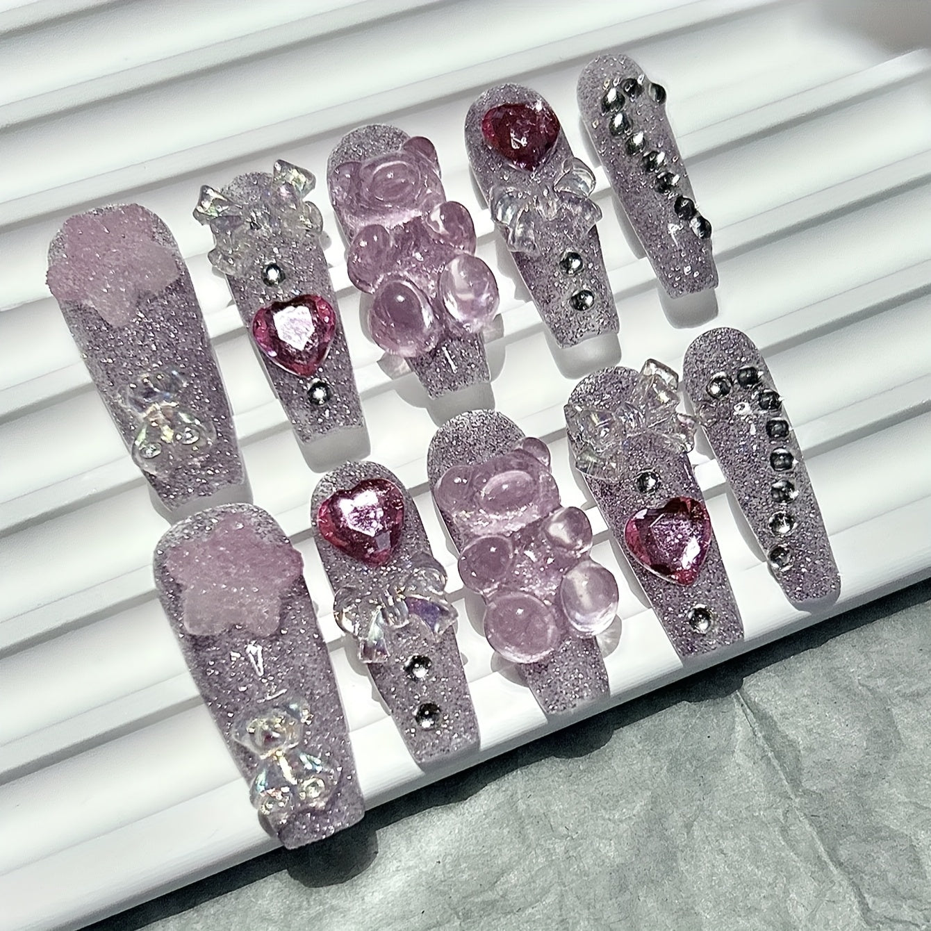 [Cute Handmade Nails] 10pcs Handmade Cartoon Nails | Cute Bow Bear Star Twinkling Nail Art, Wear Nails with 1 Jelly Sticker + 1 Sticker + 1 Nail File - No Glue