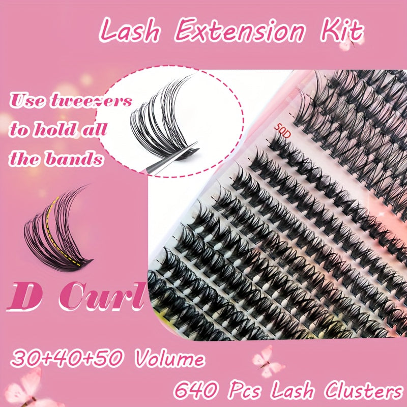[DIY Lash Kit] 640/280pcs Extra Thick 30D40D50D DIY Lash Clusters Eyelash Extension Kit | 9-16mm Mixed Length Lashes, D Curl, Wispy Manga Lashes Look