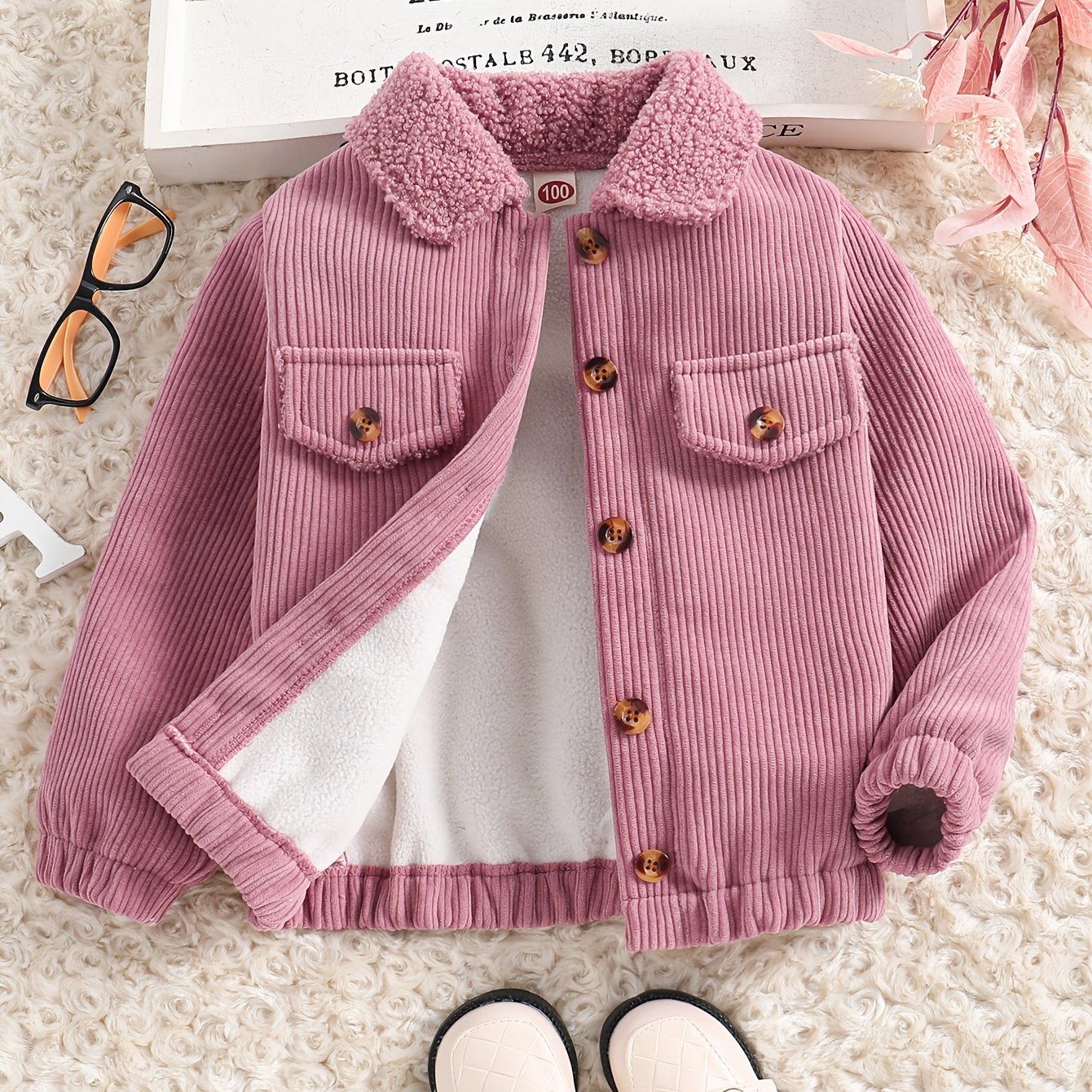 [Fleece Coat] Fleece-Lined Girls' Casual Long Sleeve Button-Up Coat | Solid Color, Lapel Collar, Regular Fit for Fall/Winter Outdoor Activities, Seasonal Layering Piece, Classic Collar Design, Durable Outerwear