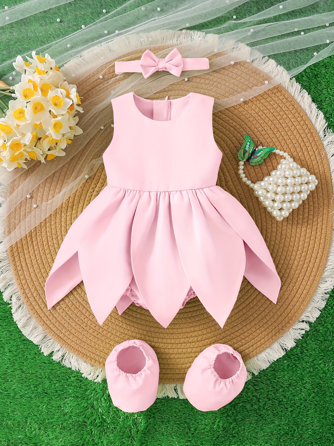 [Cute Fairy Dress] Summer Cute Green Fairy Princess Petal Dress Set for Baby Girl | Sleeveless Top with Ruffled Skirt, Matching Headband & Hair Accessories, Soft Non-Stretch Fabric