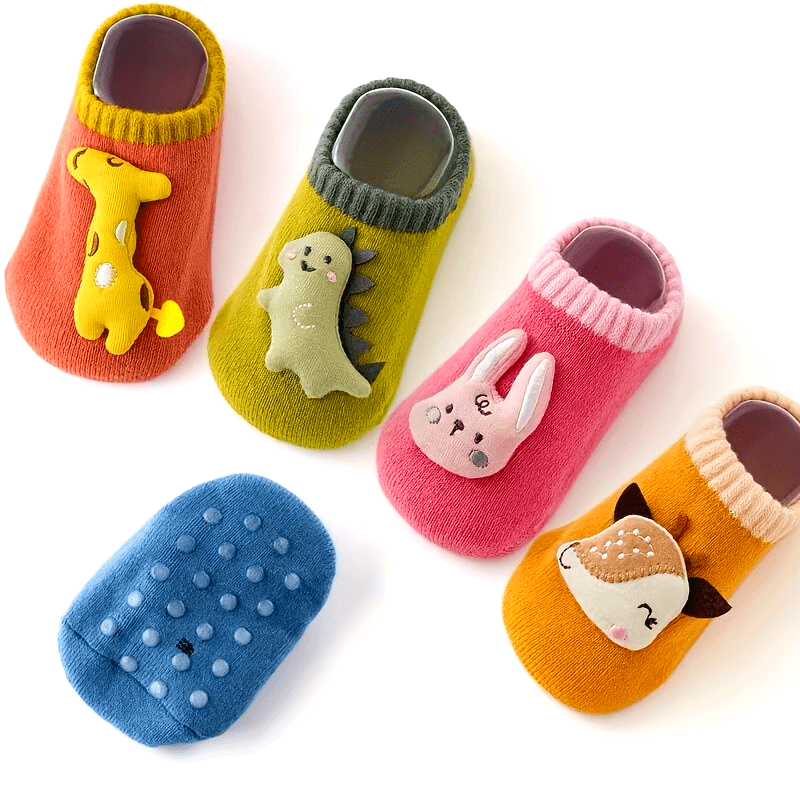 3 Pairs Of Baby Boy's Cartoon Animal Dino Decor Bottom Rubber Non-slip Sports Socks, Comfy Breathable Soft Socks For Babies Wearing