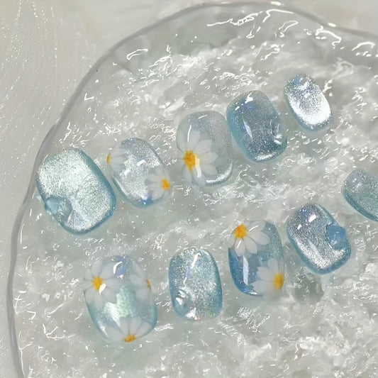 10pcs Blue Ice Crystal Daisy Line Bubble Wearable Nails, New Summer Beach Trip Detachable False Nails, Suitable for Nail Art DIY Enthusiasts, Women and Girls