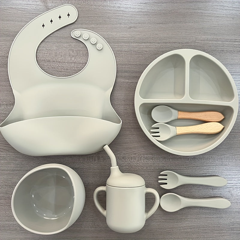 WHZWYK Silicone Baby Feeding Set - Microwave & Oven Safe - For 0-3 Years - Includes Suction Plate, Soft Bowl, Spoons, Forks, Adjustable Bib, Snack Cup - Self-Feeding Supplies