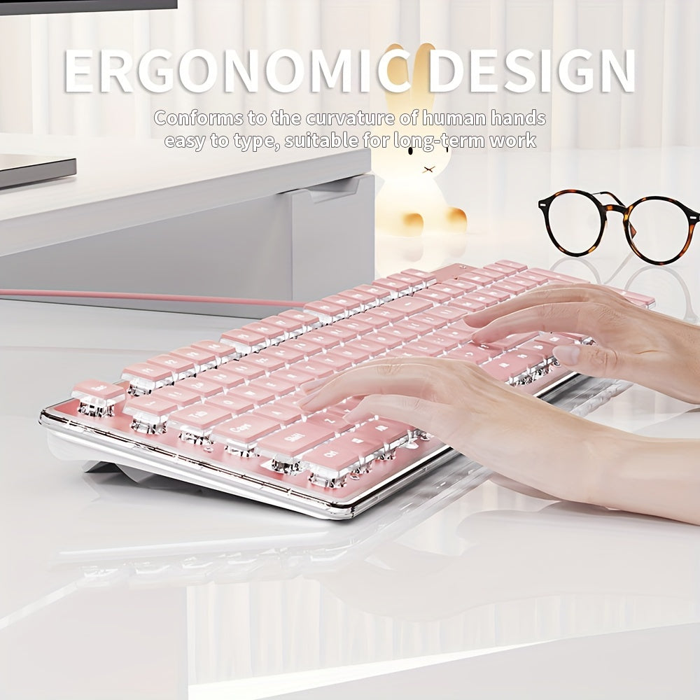 [Aesthetic Keyboard] EWEADN High Aesthetic Keyboard | 104 Keys All-Metal Panel Wired with Cozy keycaps, Mute button, and White Backlit USB - for Games and Office, Windows Laptop PC Pink