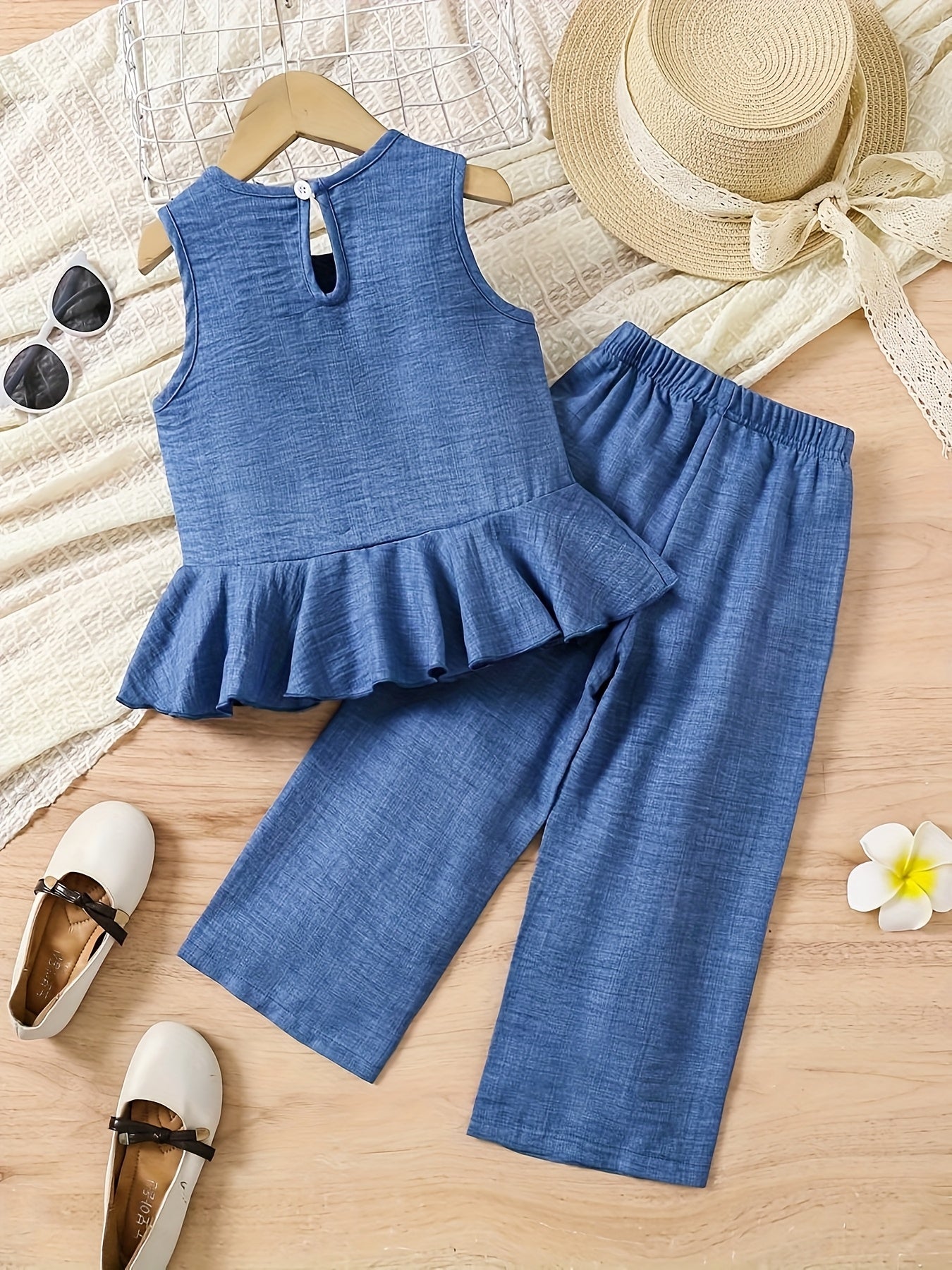 2pcs Young Girl Beach Vacation Set: Sleeveless Ruffle Hem Shirt + Wide Leg Pants, Sister Outfit, Perfect for Outdoor