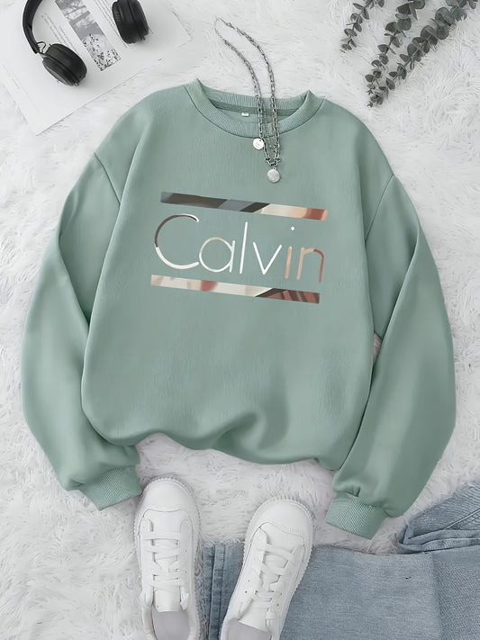 Women'S Casual Crew Neck Sweatshirt with "Calvin" Letter Print - Soft Blue, Long Sleeves, All-Season Comfort, Casual Wear|Graphic Sweatshirt|Comfortable Fit, Sweater Hoodie