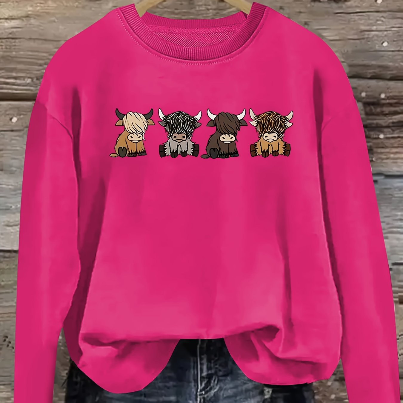 Women's Casual Long Sleeve Round Neck Sweatshirt - Cute Cartoon Cow Print Pullover, Cozy Beige Fall Winter Top, Machine Washable Regular Fit, Autumn Apparel, Comfortable Wear
