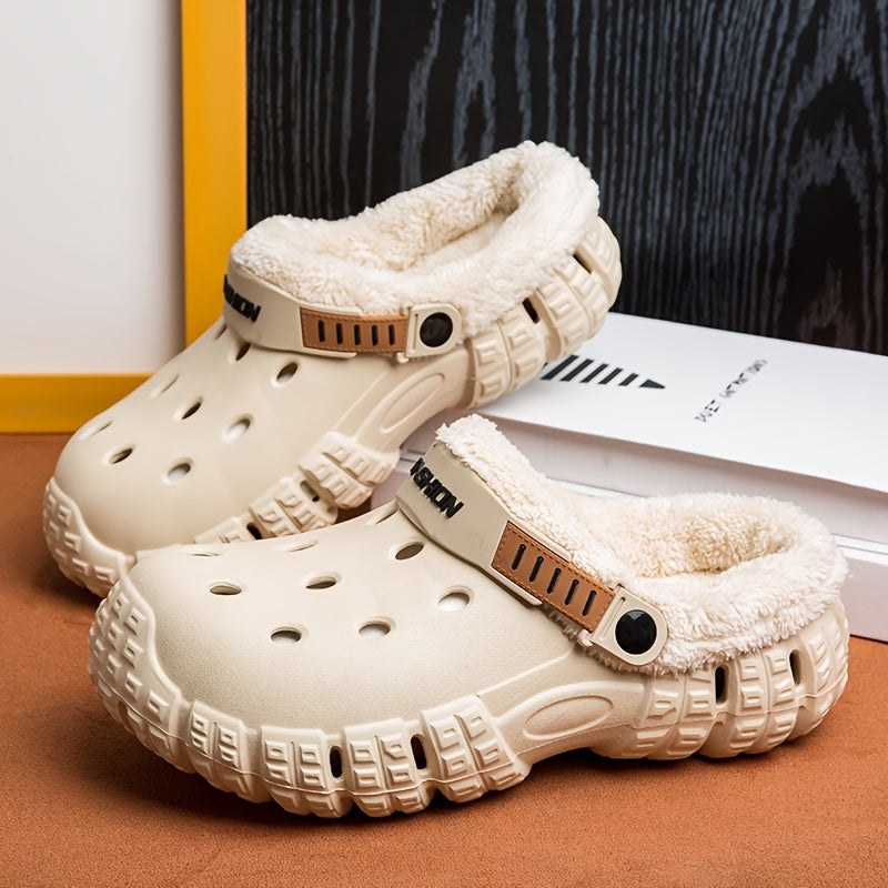 Unisex Winter Fleece-Lined Slip-On Clogs with Removable Plush Inner Lining, Non-Slip EVA Sole & Thick Insulation for Snow & Cold Weather - Beige Casual Shoes for Men and Women, Winter Shoes, Outdoor Footwear, Unique Tread Pattern, Durable Grip Footwear