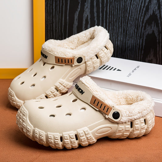 Unisex Winter Fleece-Lined Slip-On Clogs with Removable Plush Inner Lining, Non-Slip EVA Sole & Thick Insulation for Snow & Cold Weather - Beige Casual Shoes for Men and Women, Winter Shoes, Outdoor Footwear, Unique Tread Pattern, Durable Grip Footwear