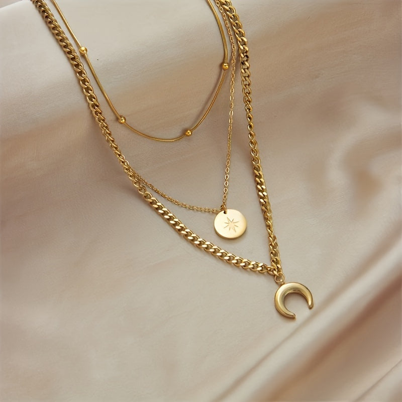 Stainless Steel Golden 3 Layer Shine Crescent Moon Pendant Necklace Women Trend Chain Neck Jewelry Gift, Gift for Eid, Ramadan