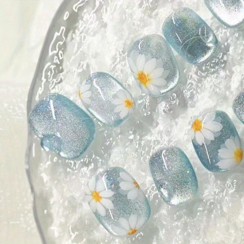 10pcs Blue Ice Crystal Daisy Line Bubble Wearable Nails, New Summer Beach Trip Detachable False Nails, Suitable for Nail Art DIY Enthusiasts, Women and Girls