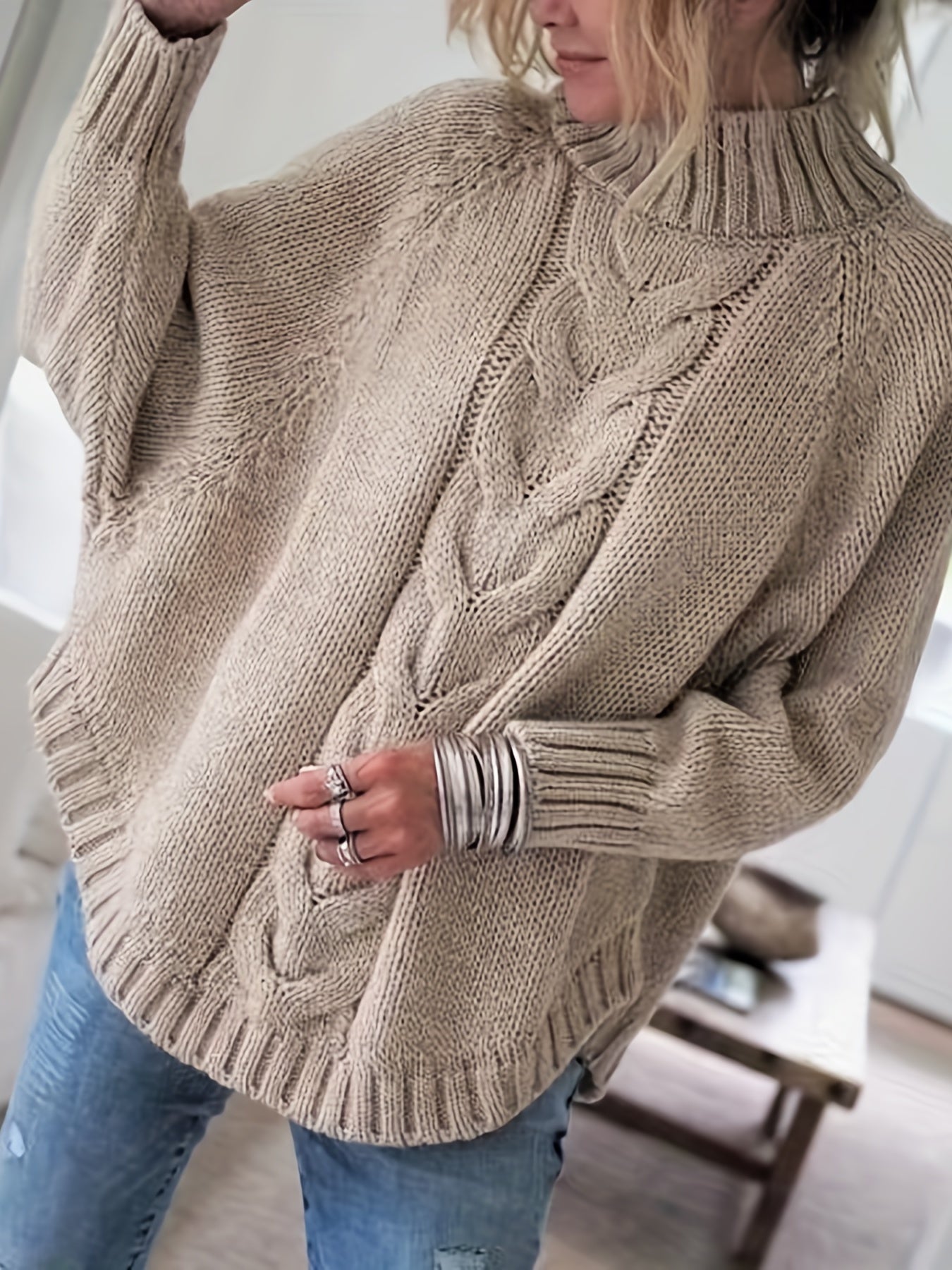 Women'S Vintage-Inspired Black Cable Sweater with High Neck, Loose Fit, Fall & Winter Style - Casual, Everyday Pullover for Autumn and Winter, Autumn Winter Apparel | Vintage Sweater | Cable Pattern, Sweater Dress