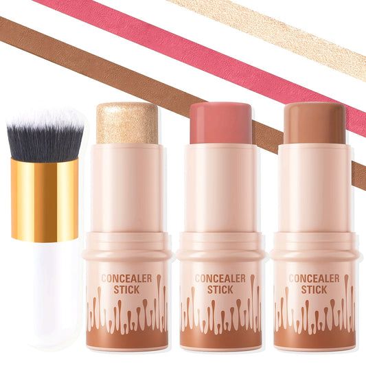 Contour Stick, Blush Stick, Highlighter Stick, Bronzer Stick, 3pcs Cream Contour Kit with Brush for a Flawless Look, Contour Stick Makeup Non-Greasy Waterproof, Long-lasting Fair-Medium Suitable gift giving for Halloween, Thanksgiving, and Christmas