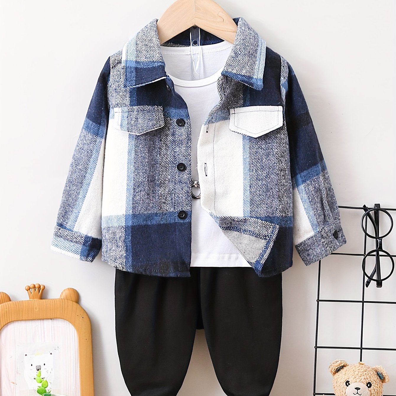Baby Boys Stylish Lapel Plaid Coat Solid Color Trousers 2pcs Cotton Outdoor Set For Autumn And Winter Without T-shirt