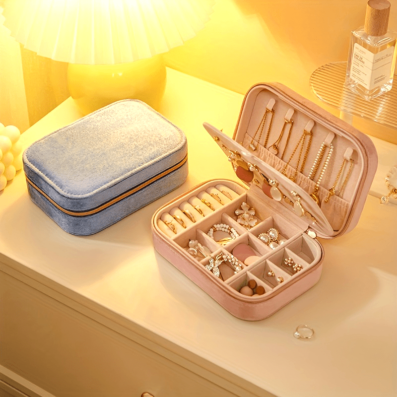 1pc Glam Style 3-Layer Velvet Jewelry Box with Zipper Closure - Multipurpose Rectangular Organizer with Necklace Hooks for Earrings, Necklaces, Rings, Watches, Hair Accessories - Ideal for Travel & Home Storage - Perfect for Christmas, New Year, Valentine