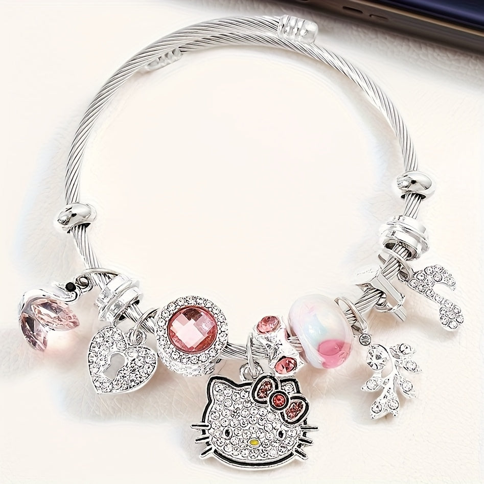 Sanrio for hello kitty Pendant Necklace, Cute Cartoon, Adjustable, Hollow, Zinc Alloy, Durable, with Shiny Beads, for Teenagers, Valentine'S Day