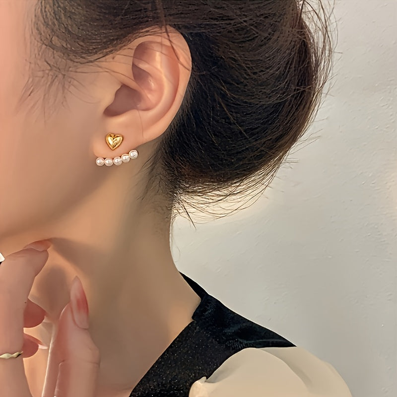 Pair of Elegant Heart-Shaped Faux Imitation Pearl Earrings for Women - Golden-Tone Alloy with Stainless Steel Posts, Valentine's Day Gift for Her, Girlfriend, Best Friend, Everyday Jewelry