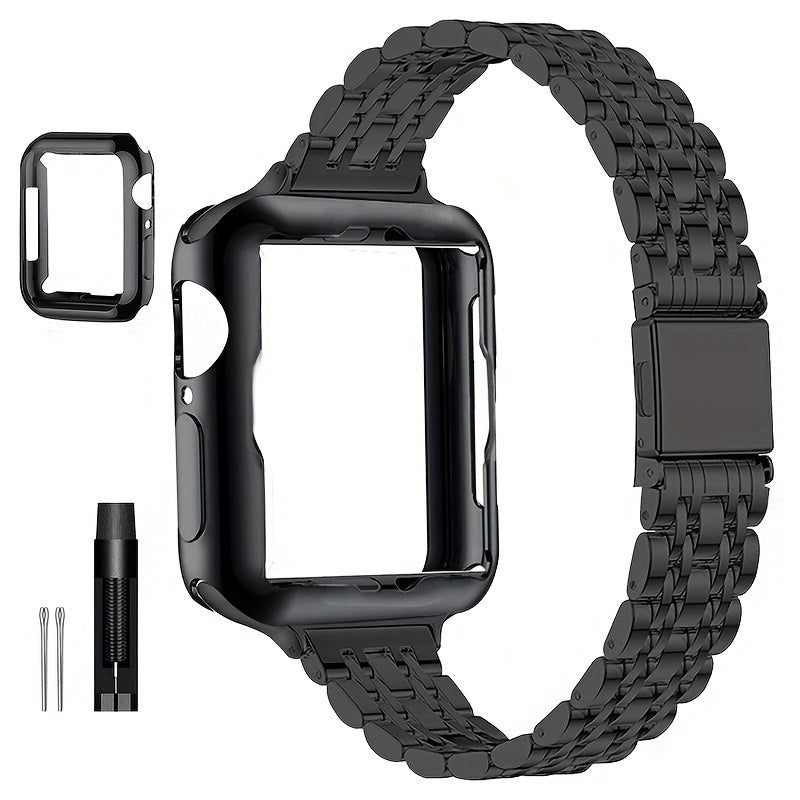 [Elegant Watch Band] Gold-Plated Stainless Steel 1pc Watch Band | Foldover Clasp and Protective Case for Apple Watch, Compatible with iWatch Series 1-9/SE/SE2, Elegant Women's Wristband Accessory