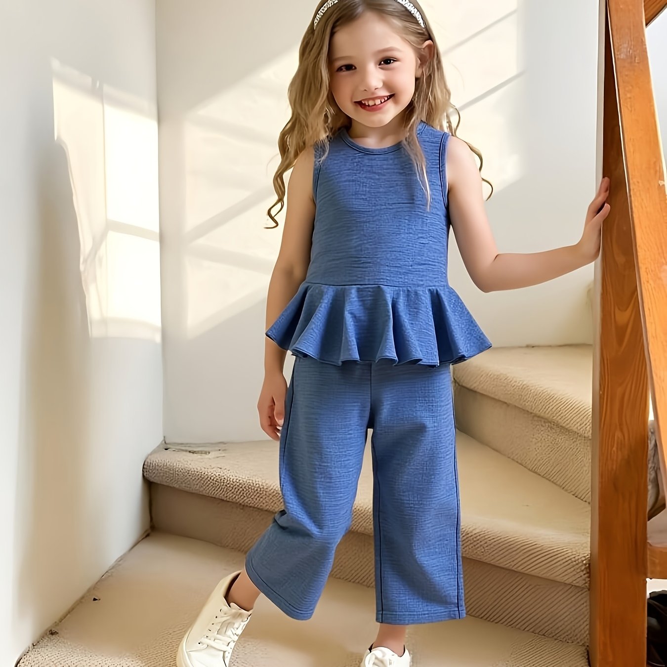 2pcs Young Girl Beach Vacation Set: Sleeveless Ruffle Hem Shirt + Wide Leg Pants, Sister Outfit, Perfect for Outdoor