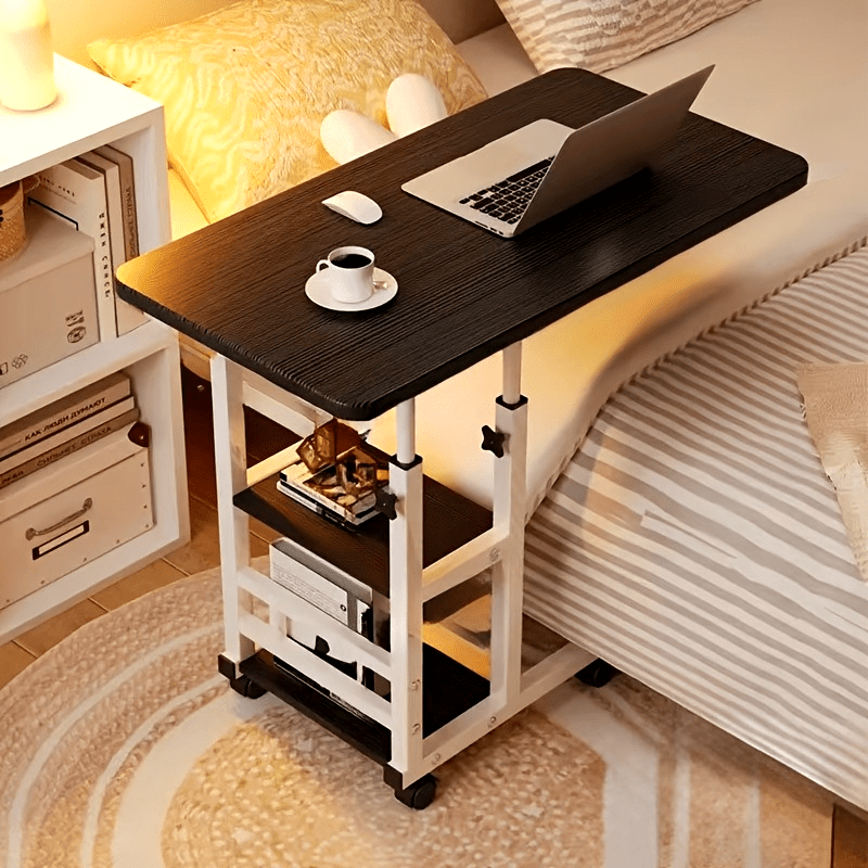 Under 3.2 Cubic Feet Closed Storage Adjustable Height Overbed Table, Wooden Mobile Desk with Storage Shelves, No Electricity Required, Weather-Independent, Less Than 27 Inches Tall, for Home, Bedroom, Dorm, Laptop Stand, Desk & Drawer Organizer