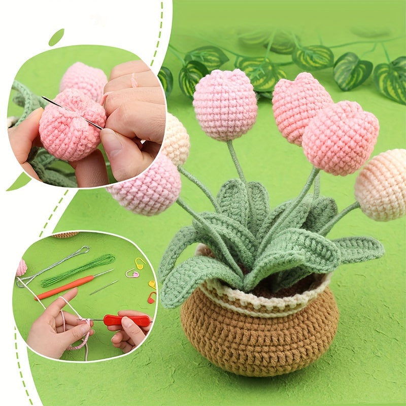 Tulip Crochet Kit Including 6 Colors of Yarn,2 X Crochet Hook,5 X Stitch Markers,1X Instructions,1 X Blunt Head Large Eye Needle,1 X Filled,7 X Iron Wires,1Xbundle of Fine Silver Wire, DIY Knitting Crochet