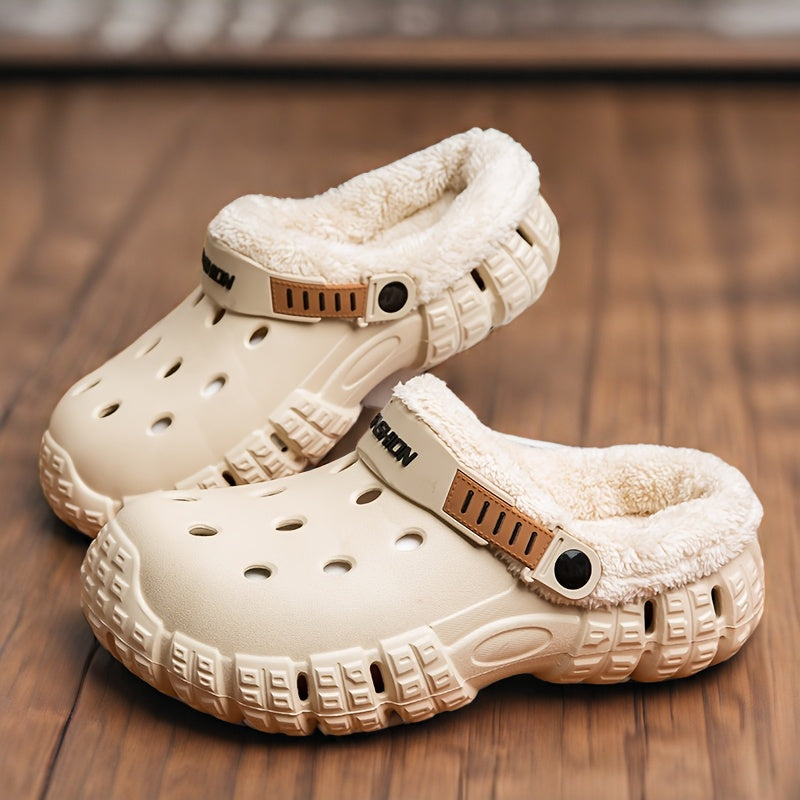 Unisex Winter Fleece-Lined Slip-On Clogs with Removable Plush Inner Lining, Non-Slip EVA Sole & Thick Insulation for Snow & Cold Weather - Beige Casual Shoes for Men and Women, Winter Shoes, Outdoor Footwear, Unique Tread Pattern, Durable Grip Footwear