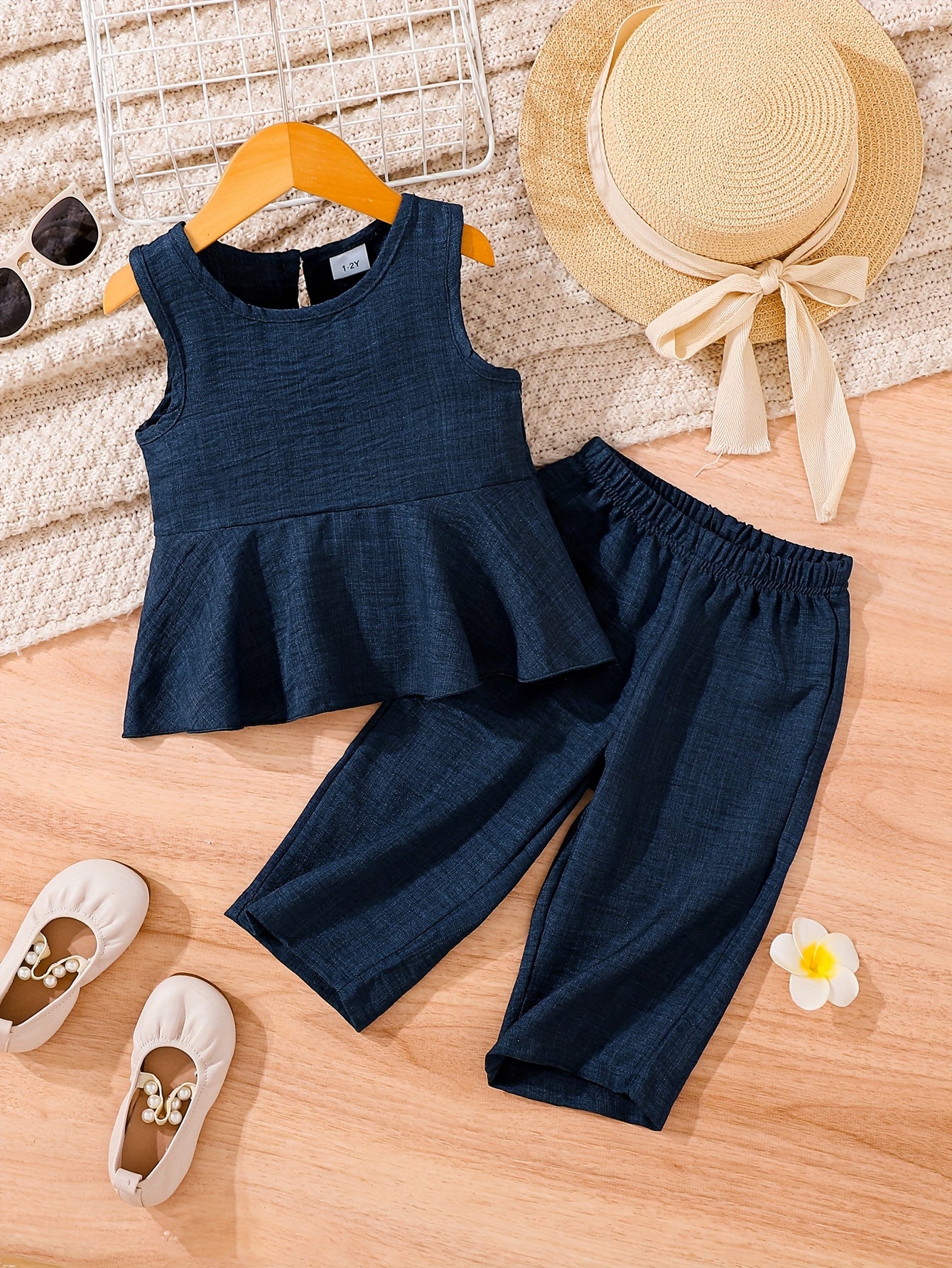 2pcs Young Girl Beach Vacation Set: Sleeveless Ruffle Hem Shirt + Wide Leg Pants, Sister Outfit, Perfect for Outdoor