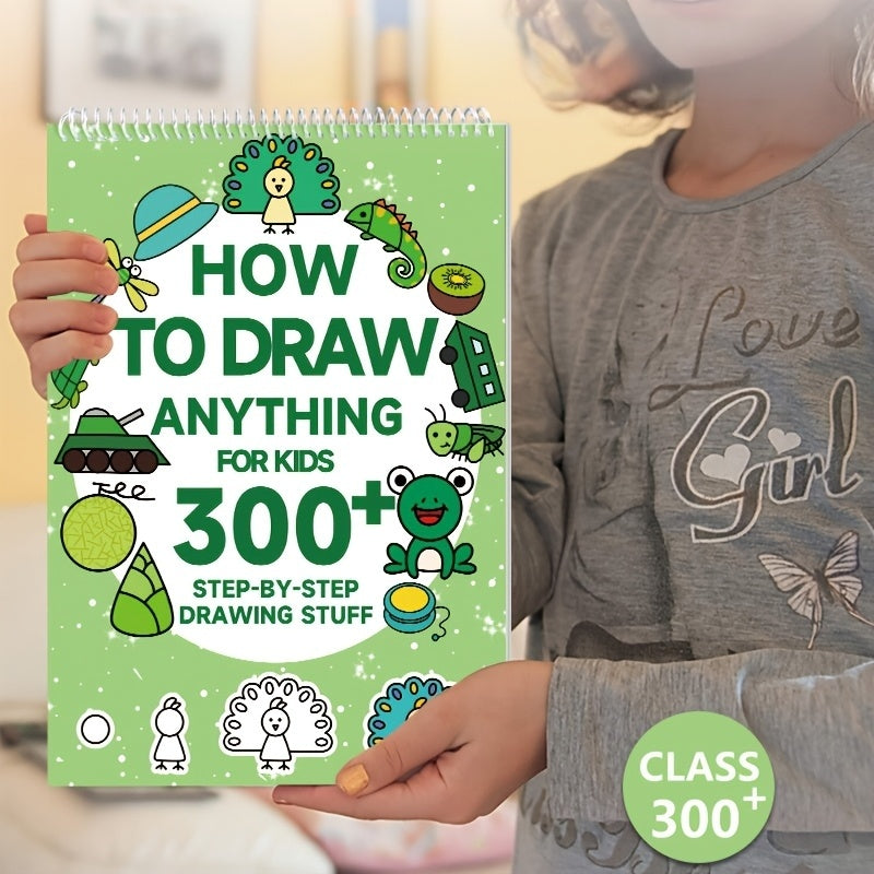 1pc Green Stick Figure Drawing Book for Youngsters - 300+ Step-by-Step Art & Education Toy, Learning Painting Supplies with Cartoon Dinosaur & Frog Designs, Perfect for Creative Writing & Coloring, Youngsters Drawing Book | Playful Design | Spiralbound Bo