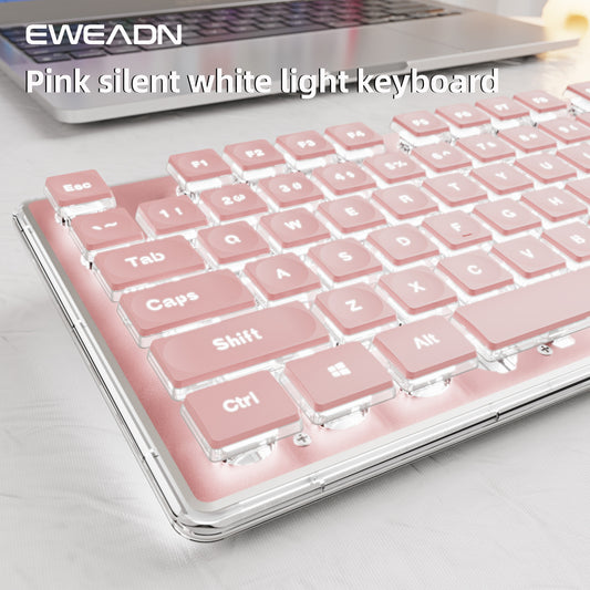 [Aesthetic Keyboard] EWEADN High Aesthetic Keyboard | 104 Keys All-Metal Panel Wired with Cozy keycaps, Mute button, and White Backlit USB - for Games and Office, Windows Laptop PC Pink