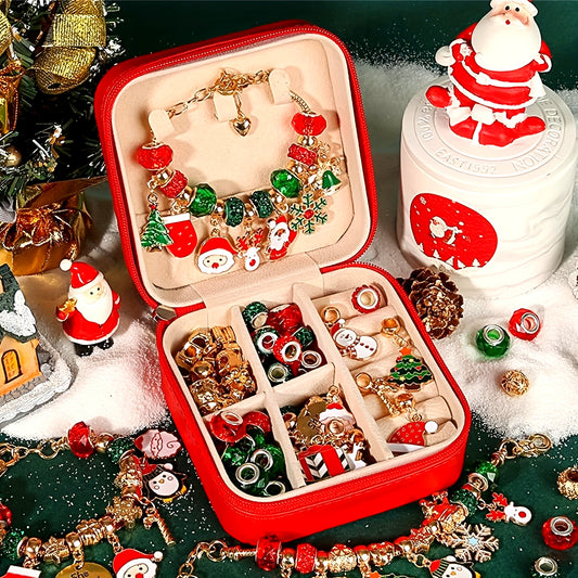 DIY Christmas Gift Set for Women: Elegant Red Green Series Christams Charm Bracelet Making Kit with Beads Jewelry